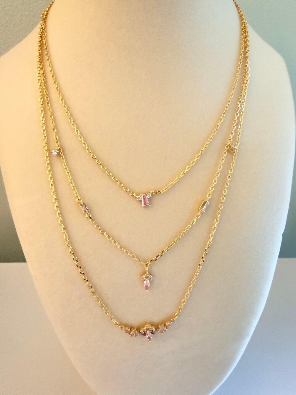 Drae Gold Tone Triple Strand Layered Necklace Pink Crystal Rhinestones